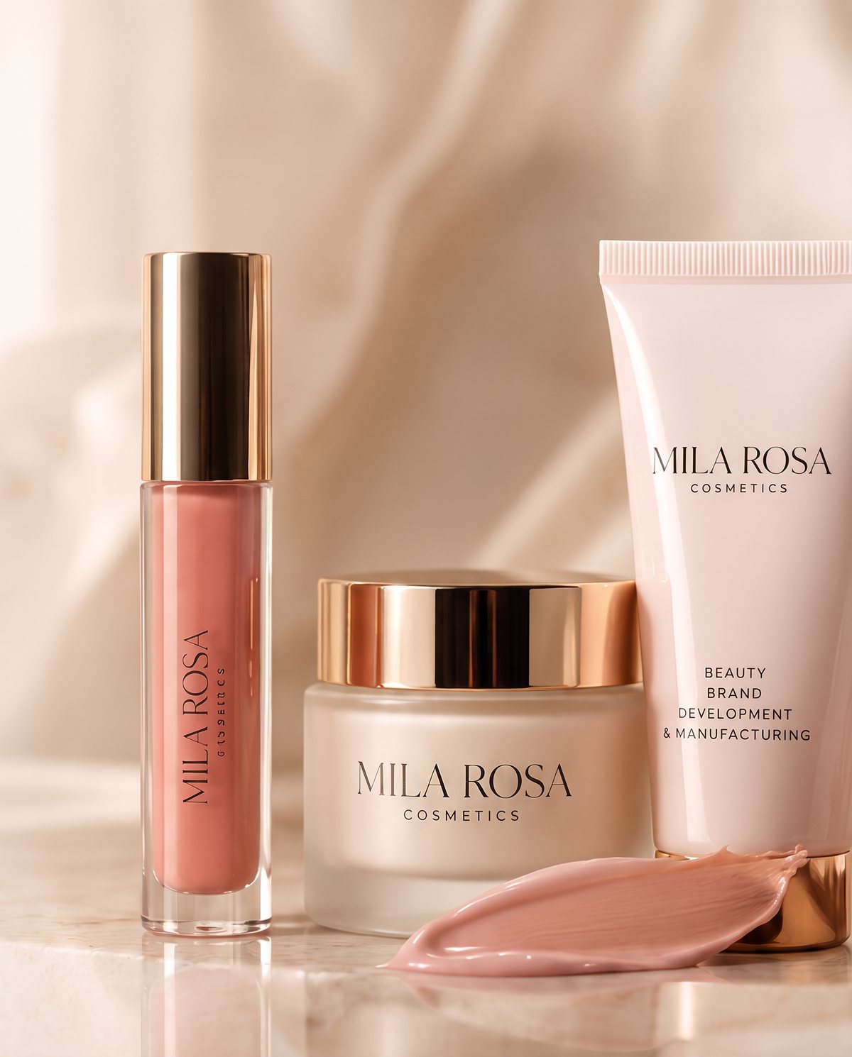 Mila Rosa Cosmetics lip gloss, cream jar and tube with gold caps on marble